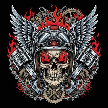 Kask takan, kanatlı ve vitesli kalın bir amblem oluşturan bir kafatası tasviri.