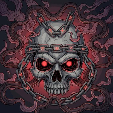 Zincirlerle bağlanmış siyah kafatası ve çapraz kılıçlar Gotik bir motif oluşturuyor.