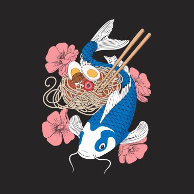 Pembe çiçeklerin arasında çubuklarla tutulan canlı mavi koi balığı karışık erişteler.