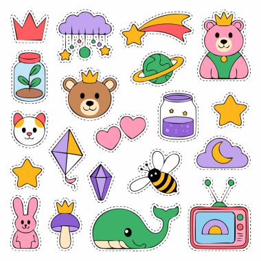 Canlı bir karikatür hayvan çıkartması seti. Ayılar, tavşanlar, arılar ve balinalar.