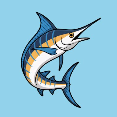 Canlı stilize edilmiş kılıçbalığı koyu mavi ve turuncu çizgilerle atlıyor.