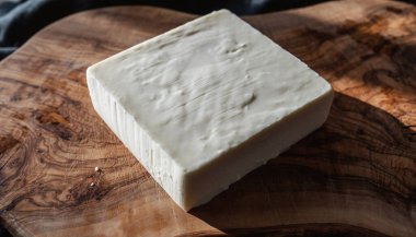 Pürüzsüz beyaz bir tofu bloğu sade mutfak hazırlıklarını gösteren ahşap bir tahtanın üzerinde duruyor.