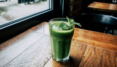 Ferahlatıcı yeşil bir smoothie, doğal ışıkla aydınlatılmış kırsal ahşap bir kafe masasında uzun bir bardakta oturur.