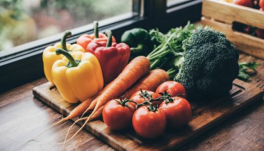 Piyasaya hazır bir pencerenin yanında tahta bir tahtaya dizilmiş taze sebzelerin renkli çeşitleri.