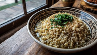 Bir kase kabarık otlu pirinç doğranmış yeşilliklerle süslenmiş. Kırsal bir ahşap masa üzerinde. Bir pencere kenarında sıcak doğal ışık ve detaylı tahıl dokusu sergiliyor.