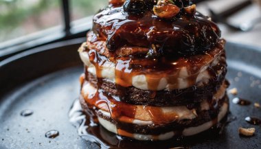 Koyu bir tabakta parlak karamel ve çikolata serpiştirilmiş zengin katmanlı çikolatalı pasta..