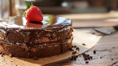 Parlak çikolatalı pasta ve zengin ganache katmanları üzerinde sıcak pastanede yakalanmış parlak bir çilek var.