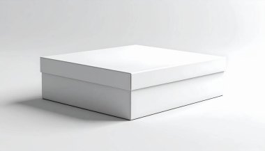 Temiz, beyaz minimalist hediye kutusu. Düz bir zemin üzerine beyaz arka plan üzerine yerleştirilmiş.