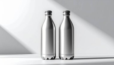 Bir çift yansıtıcı gümüş alüminyum şişe modern, minimalist bir görünüm için yumuşak gölgelerle beyaz bir yüzeyde dikiliyor.