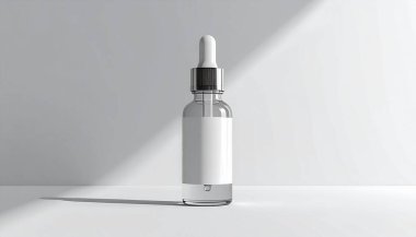 Pürüzsüz, şeffaf, beyaz etiketli ve siyah şapkalı cam damlaları yumuşak ışıklandırmalı, nötr bir arka plan üzerine kurulmuş.