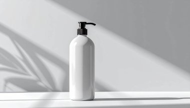 Siyah pompalı parlak beyaz bir losyon şişesi, yumuşak gölgeli ve ince gri tonlu minimalist bir arka plana ayarlı.