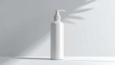 Beyaz arka planda yumuşak gölgelerle dimdik duran, sadelik ve temizliği vurgulayan düz beyaz bir pompa şişesi.