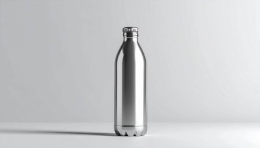 Parlak, paslanmaz çelik bir su şişesi açık gri arka planda dikey durur.