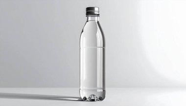 Şeffaf plastik bir su şişesi beyaz bir yüzey üzerinde dikiliyor, basit, tarafsız bir arka plan.