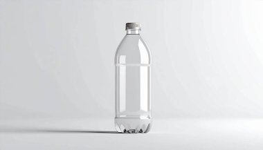 Sade beyaz yüzeyde sergilenen şeffaf plastik su şişesi minimalist tasarım ve temiz estetik sergiliyor.