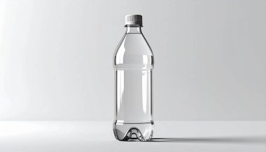 Sade beyaz arka planda gümüş kapaklı şeffaf plastik su şişesi, basitliği ve modern tasarımı vurguluyor.