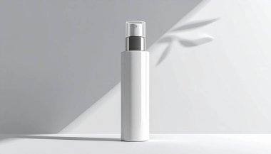 Beyaz bir yüzey üzerinde duran parlak beyaz bir kozmetik pompa şişesi yumuşak gölgeler ve ince arka plan kontrastı