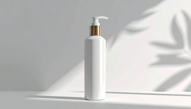Beyaz yüzeyinde altın pompalı, parlak beyaz bir losyon şişesi, yumuşak gölgeler ve modern estetik için doğal aydınlatma.