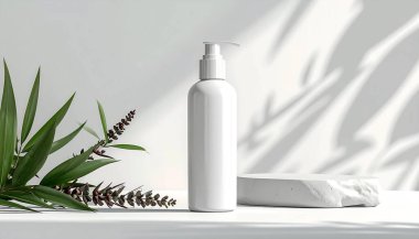 Beyaz pompa şişesi gölgeli ana arka plan, yeşil yeşillik ve desenli beyaz platform ile tamamlanmış