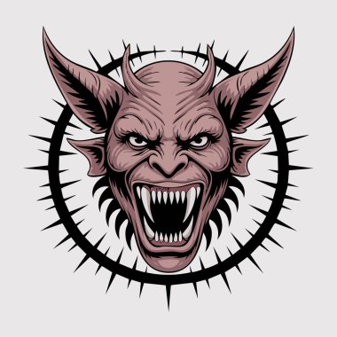 Keskin dişleri ve etrafını saran dikenli bir halkası olan tehditkar şeytani bir kafa.