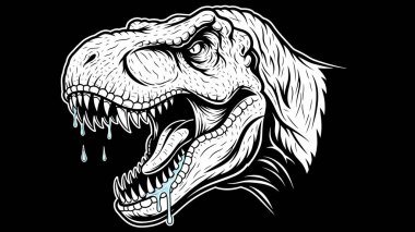 Profilde gösterilen bir Tyrannosaurus rex kafatasının tek renkli çizimi.