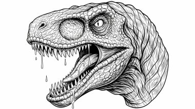 Diş pulları ve çene yapısı olan bir Tyrannosaurus rex başlığının ayrıntılı çizimi
