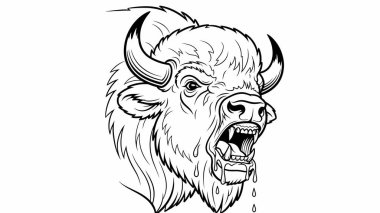 Saldırgan boğa başı, dramatik bir darbe için boynuzları ve hırıltılı ifadesiyle yakın çekim yapar.