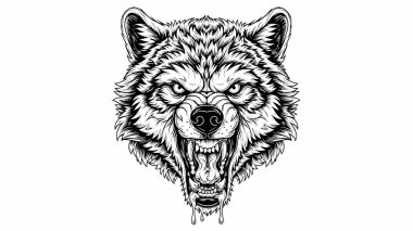 Detailed line art portrait of a snarling wolf head