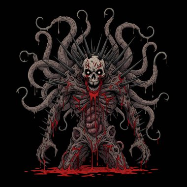 Kafatası kafalı ve çerçeveye hakim sayısız dokunaçları olan karanlık fantezi iblisi.