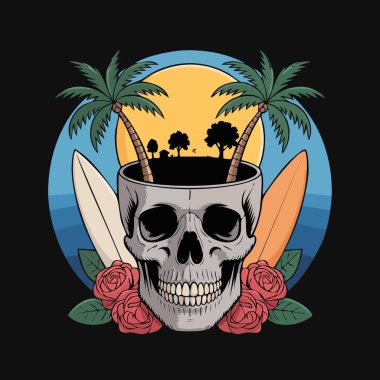 Palmiye ağaçları, sörf tahtaları ve güllerle çevrili bir kafatası süsü.
