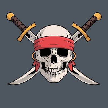 Kafatası kırmızı bir bandana takıyor ve arkasında iki kılıç var.