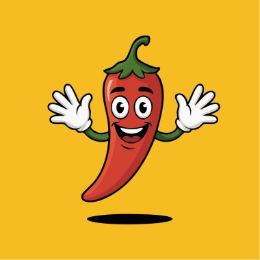 Kolları havada, gülümseyen parlak kırmızı biber maskotu.
