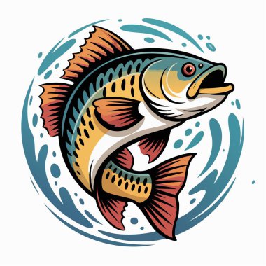 Canlı bas, dinamik yüzgeçler ve pullarla orta sıçrayışta tasvir edilmiştir.