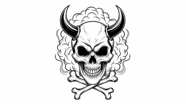 Detaylı boynuzlu kafatası çizimi dramatik gölgeleme ve çapraz kemikler