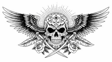 Radyasyon halesi ve çapraz kılıçlarla ayrıntılı kanatlı kafatası tasarımı