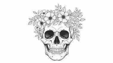 Çiçekli taç takmış bir kafatası. Detaylı çizgiler.