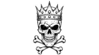 Kraliyet tacıyla detaylandırılmış kafatası ve kalın bir grafik tasarımla çapraz kemikler.