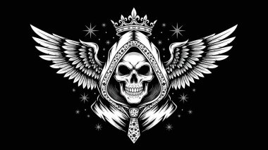 Detaylı bir kafatası parlak kanatlı kapüşonlu bir pelerin giyiyor ve bir amblem oluşturuyor.