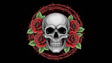 Koyu arkaplanda kırmızı güller ve dikenlerle çerçevelenmiş ayrıntılı bir kafatası.