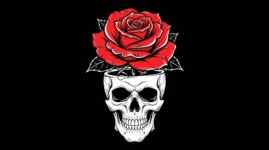 Kafasında parlak kırmızı bir gülle süslenmiş bir kafatası.