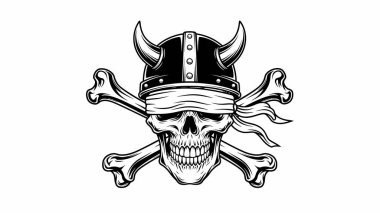 Ayrıntılı kafatası, arkasında çapraz kemikler olan bir Viking kaskı takıyor.