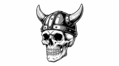 Boynuzlu bir Viking miğferi takan detaylı kafatası merkezi deneğe odaklanmış.