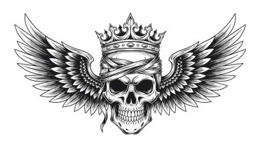 Geniş kanatlı bir taç takan bir kafatası kalın bir grafik simgesi oluşturuyor.