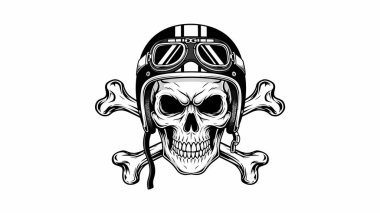 Detaylı monokrome kafatası, arkasında çapraz kemikler olan klasik bir motorcu kaskı takıyor.