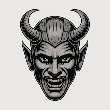 Boynuzlu iblis kafası dramatik yüz ifadesine odaklanıyor.