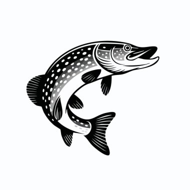 Biçimlendirilmiş siyah-beyaz balık çizimi dinamik bir sıçrama gösteriyor