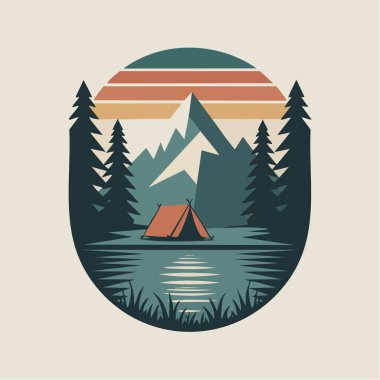 Çam ağaçlarıyla çevrili sakin bir gölün yanında dağ zirvelerinin altında kamp çadırı..