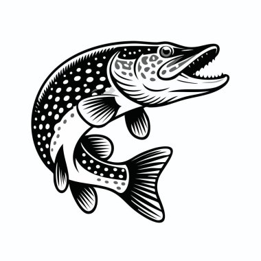 Hareketli bir mızrağın şekillendirilmiş siyah beyaz çizimi ana konu olarak balığa odaklanıyor.