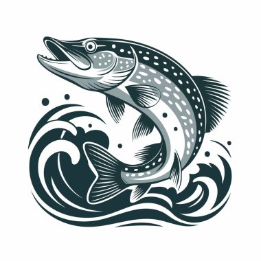 Dalgalar ve sıçramalarla betimlenen stilize zıplayan balıklar.