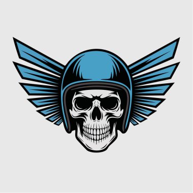 Mavi kanatlı miğfer takan ayrıntılı kafatası tasarımı merkezi konuya odaklanıyor.